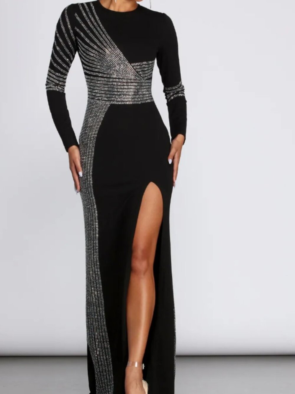 Black Heat Stone High Slit Formal Dress
